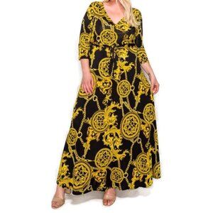 Janette Fashion Gold Black Medallion Faux Wrap Maxi Plus Size Dress